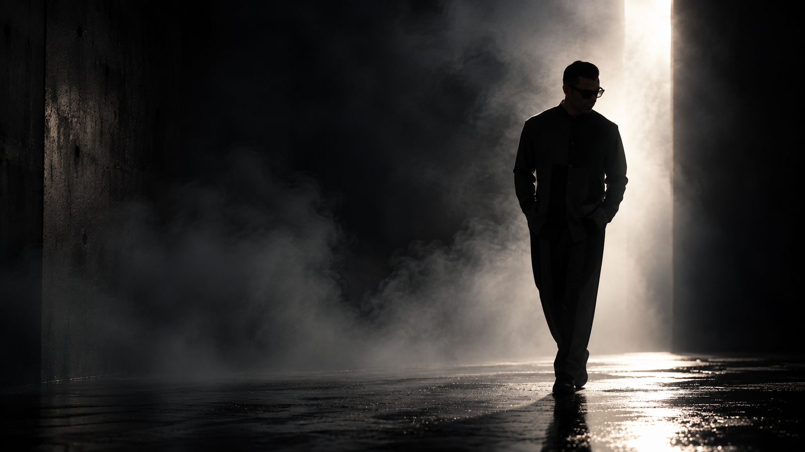Armand Peña emerging from the shadows in a smoky, backlit space